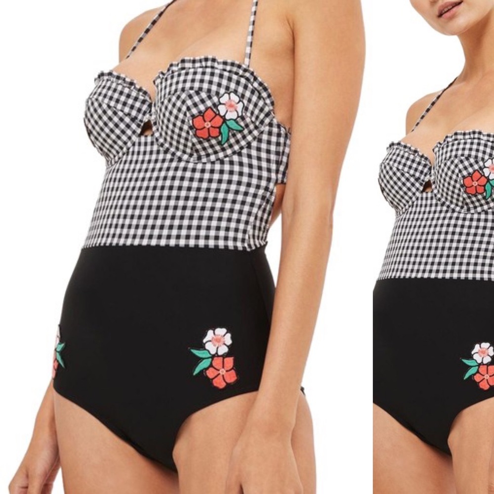 Topshop Black and White Gingham One-Piece Swimsuit with Floral Appliqués